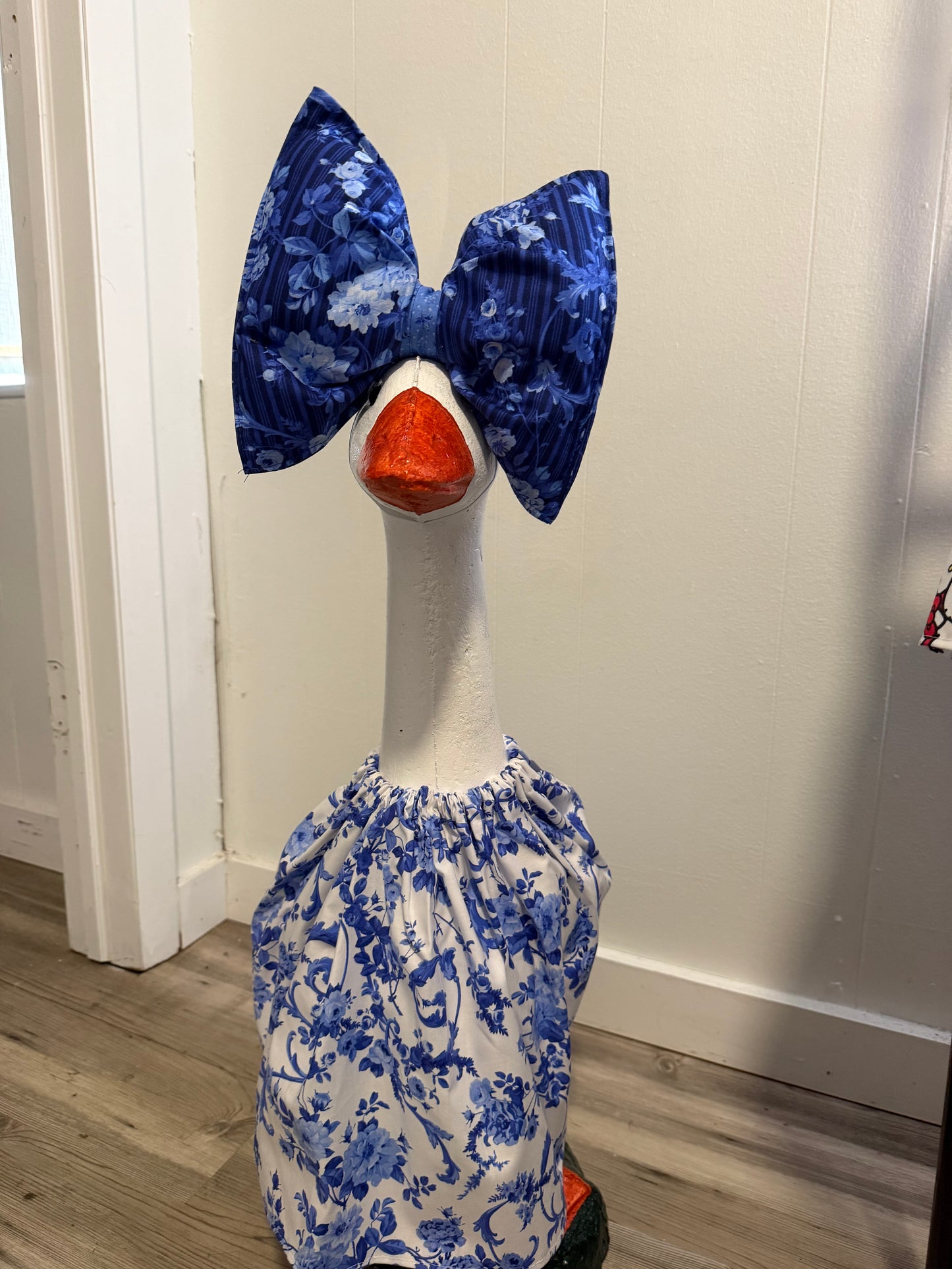 Blue and White print outfit with Big Dark Blue flower print bow.