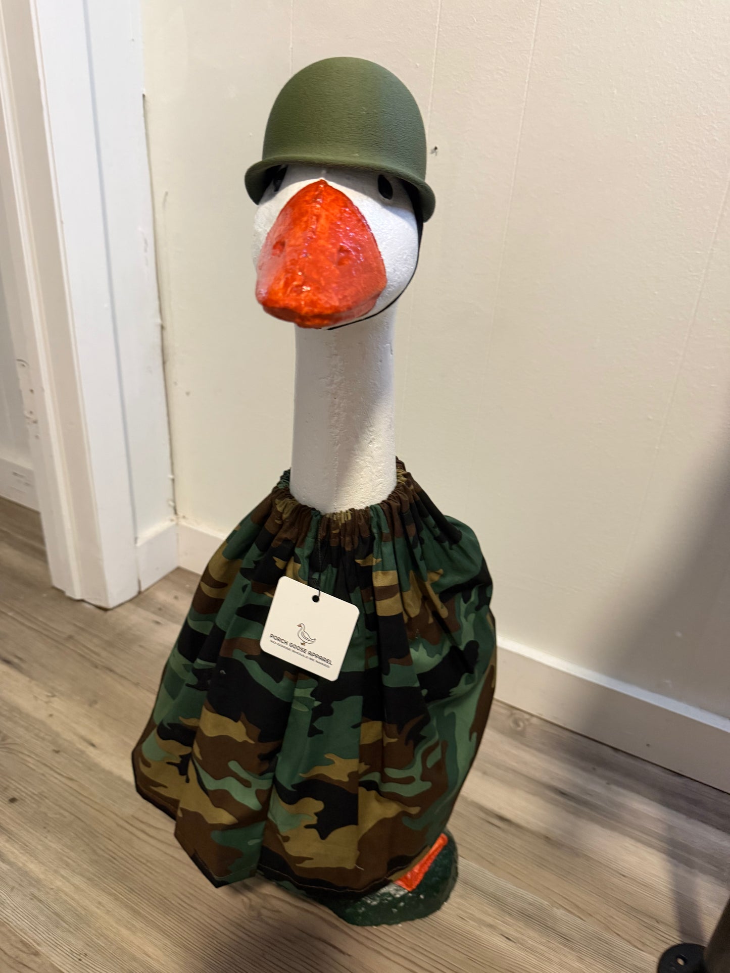 Army print outfit with Army hat.