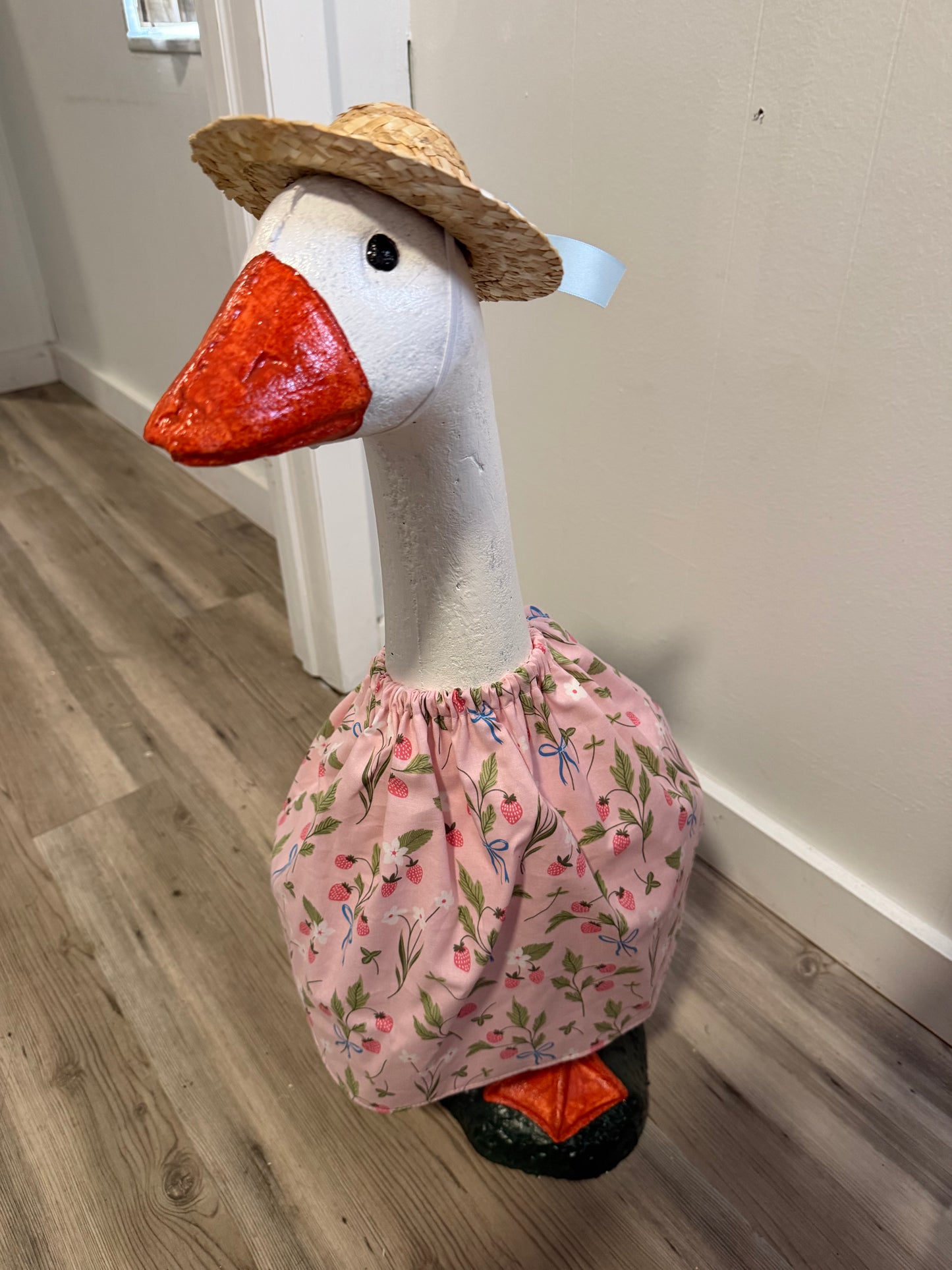 Pink Strawberry print outfit with Blue Bow Straw Hat.