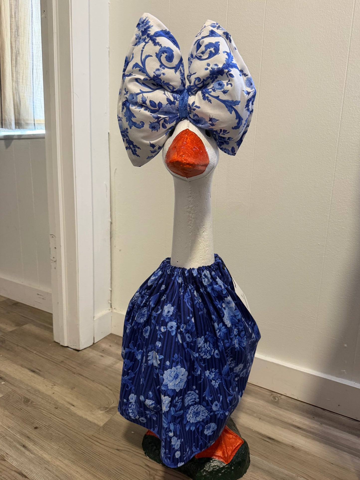 Dark Blue flower print outfit with Big White and Blue print bow.
