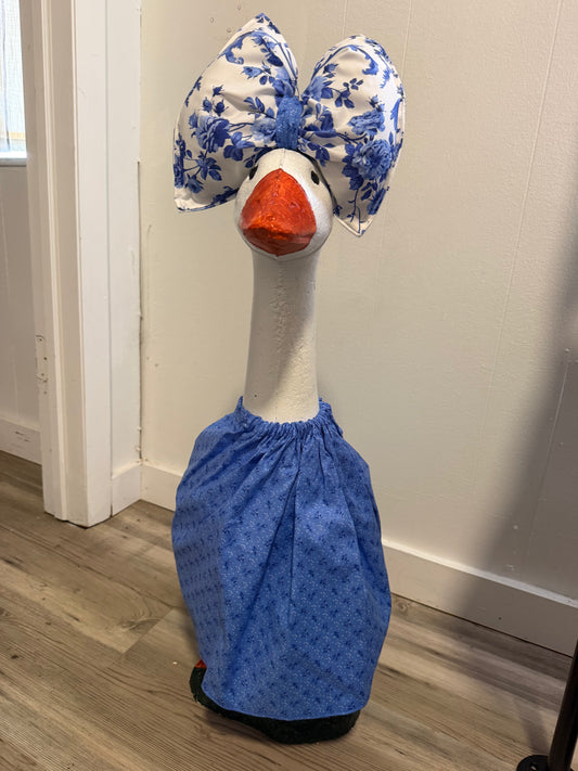 Blue mini flower print outfit with Big White and Blue print bow.